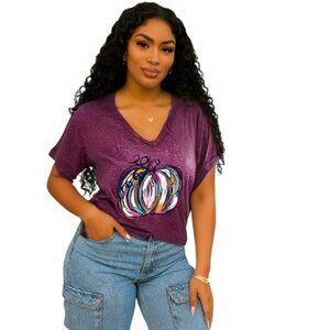 Colorful Pumpkin Fall Graphic Tee | Purple Autumn T-Shirt for Women